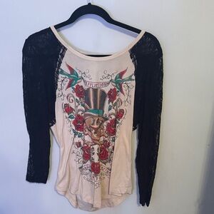 Affliction Cream and Black Lace Sleeve Top with Graphic